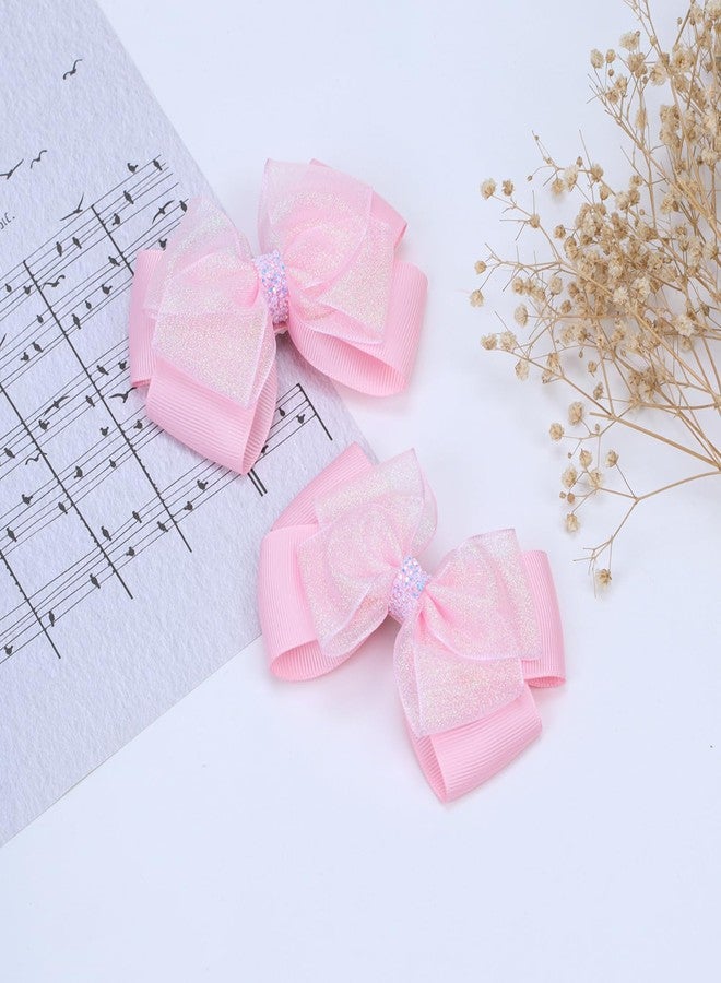 Zolyco Glitter 4.5-Inch Hair Bows Organza Alligator Clips, Sequin Delicate Double Silver Thread Woven Mesh Hair Accessories for Girls, Toddler, Kids and Women Birthday Wedding - Set of 2 (Light Pink) - Image 5